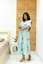 Rayon Colourful Foil Printing Gathering Frock Model Nighties | Side Pocket and Gathering Front Rope | Fancy Puff Sleeve & Maxi Frock Nightwear for Stylish Women's (FGF)