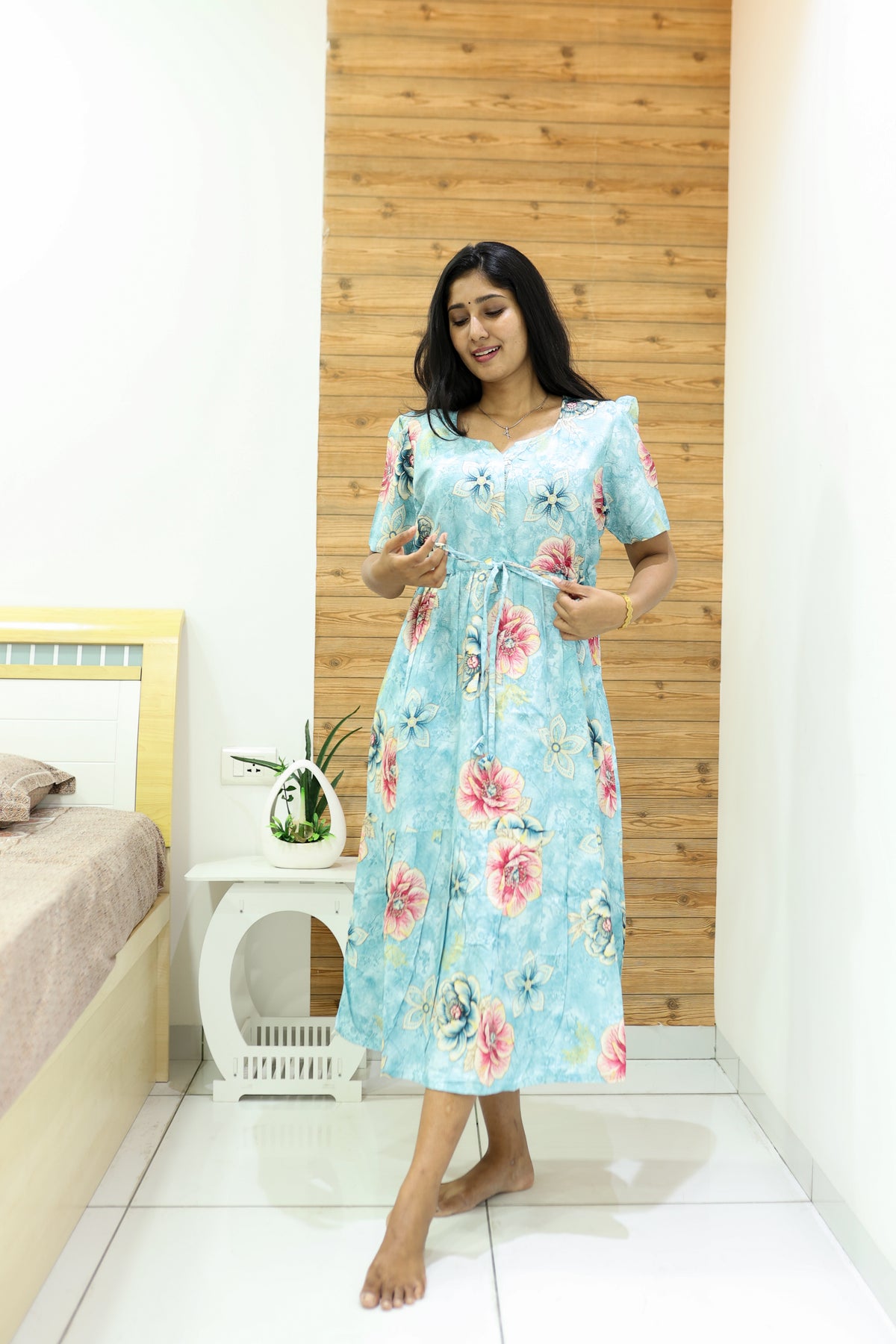 Rayon Colourful Foil Printing Gathering Frock Model Nighties | Side Pocket and Gathering Front Rope | Fancy Puff Sleeve & Maxi Frock Nightwear for Stylish Women's (FGF)