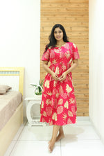 Rayon Colourful Foil Printing Gathering Frock Model Nighties | Side Pocket and Gathering Front Rope | Fancy Puff Sleeve & Maxi Frock Nightwear for Stylish Women's (FGF)