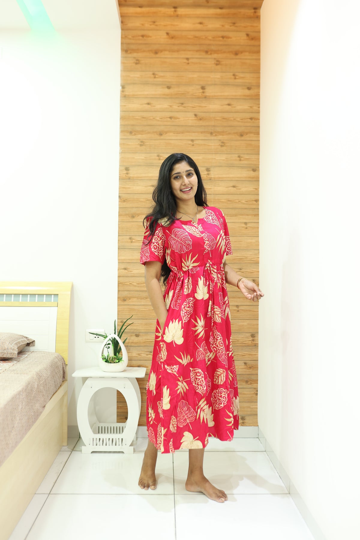 Rayon Colourful Foil Printing Gathering Frock Model Nighties | Side Pocket and Gathering Front Rope | Fancy Puff Sleeve & Maxi Frock Nightwear for Stylish Women's (FGF)