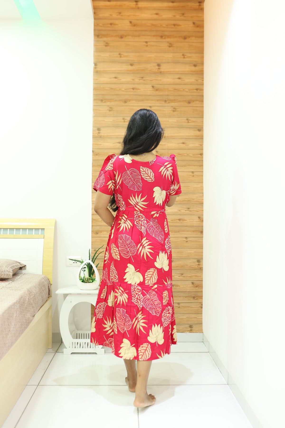 Rayon Colourful Foil Printing Gathering Frock Model Nighties | Side Pocket and Gathering Front Rope | Fancy Puff Sleeve & Maxi Frock Nightwear for Stylish Women's (FGF)