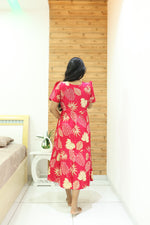 Rayon Colourful Foil Printing Gathering Frock Model Nighties | Side Pocket and Gathering Front Rope | Fancy Puff Sleeve & Maxi Frock Nightwear for Stylish Women's (FGF)