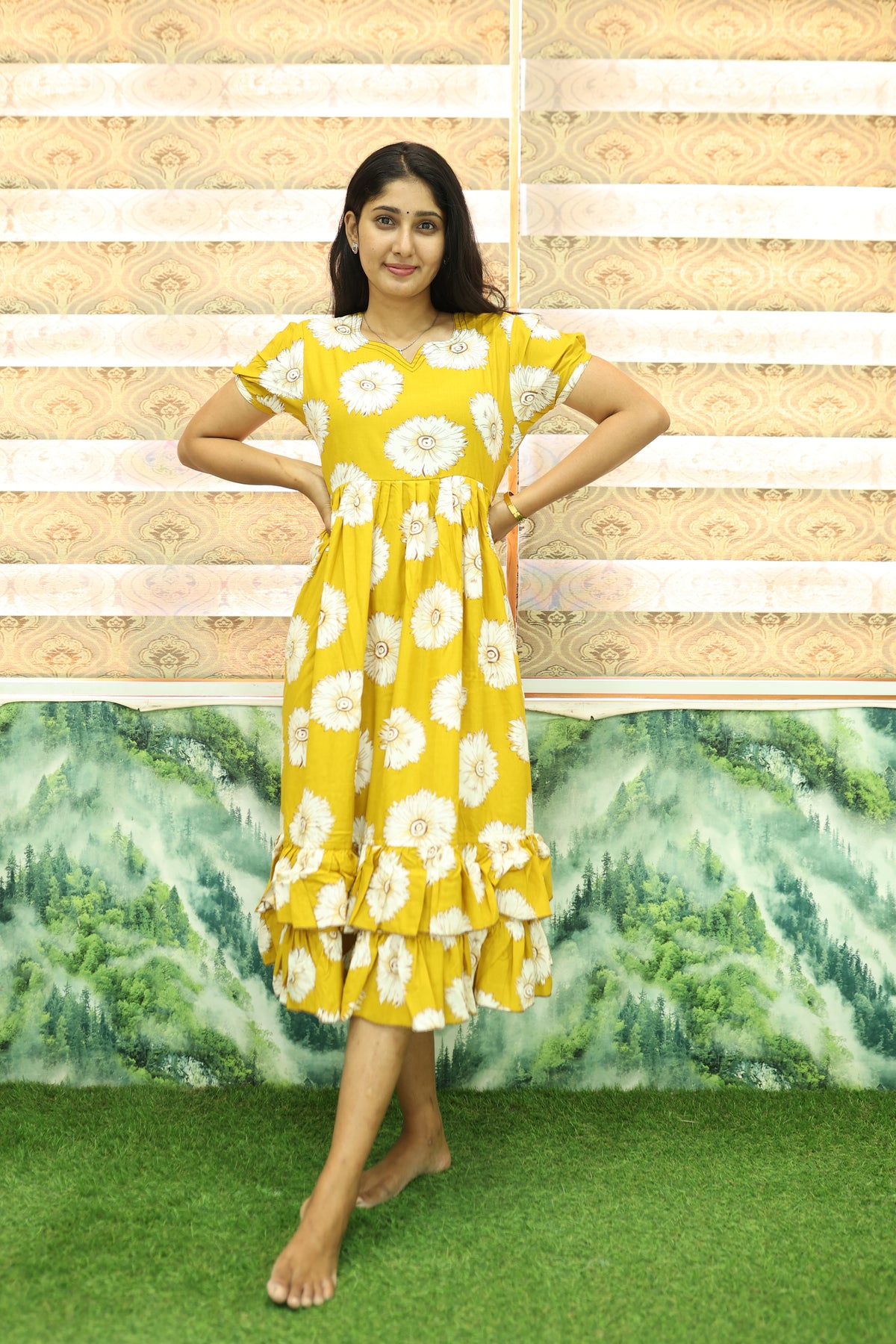 MANGAI Elegant Rayon MAXI Frock | Designer Neck | Half Sleeve | Flared Frill Bottom | Soft & Comfortable Daily Wear (RGM)