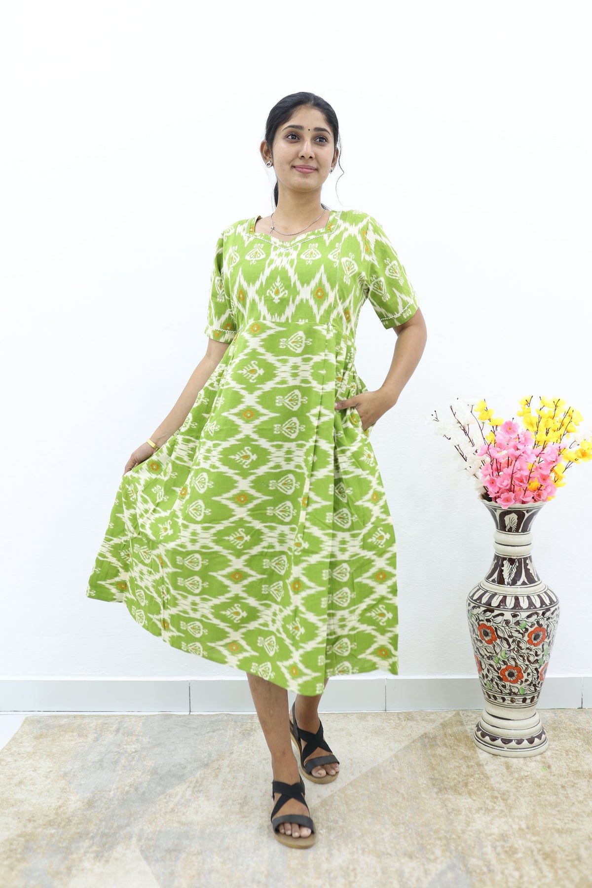 New Mangai Cotton Feeding MAXI Soft & Smooth Cotton | Invisible Vertical Feeding Zipper | Side Pockets | Back Adjustable Tie Rope |Casual & Maternity Wear (JFM)