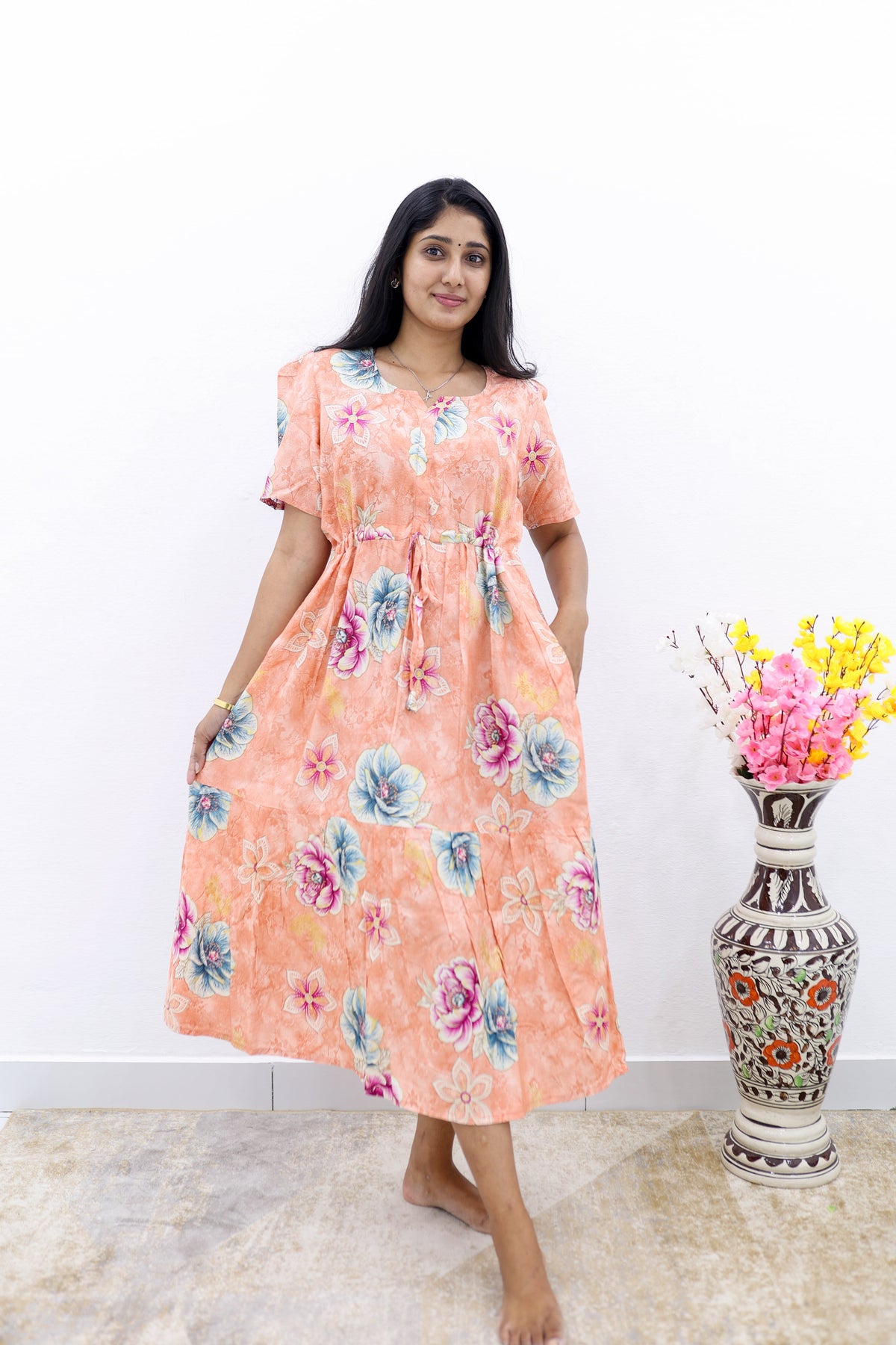 Rayon Colourful Foil Printing Gathering Frock Model Nighties | Side Pocket and Gathering Front Rope | Fancy Puff Sleeve & Maxi Frock Nightwear for Stylish Women's (FGF)