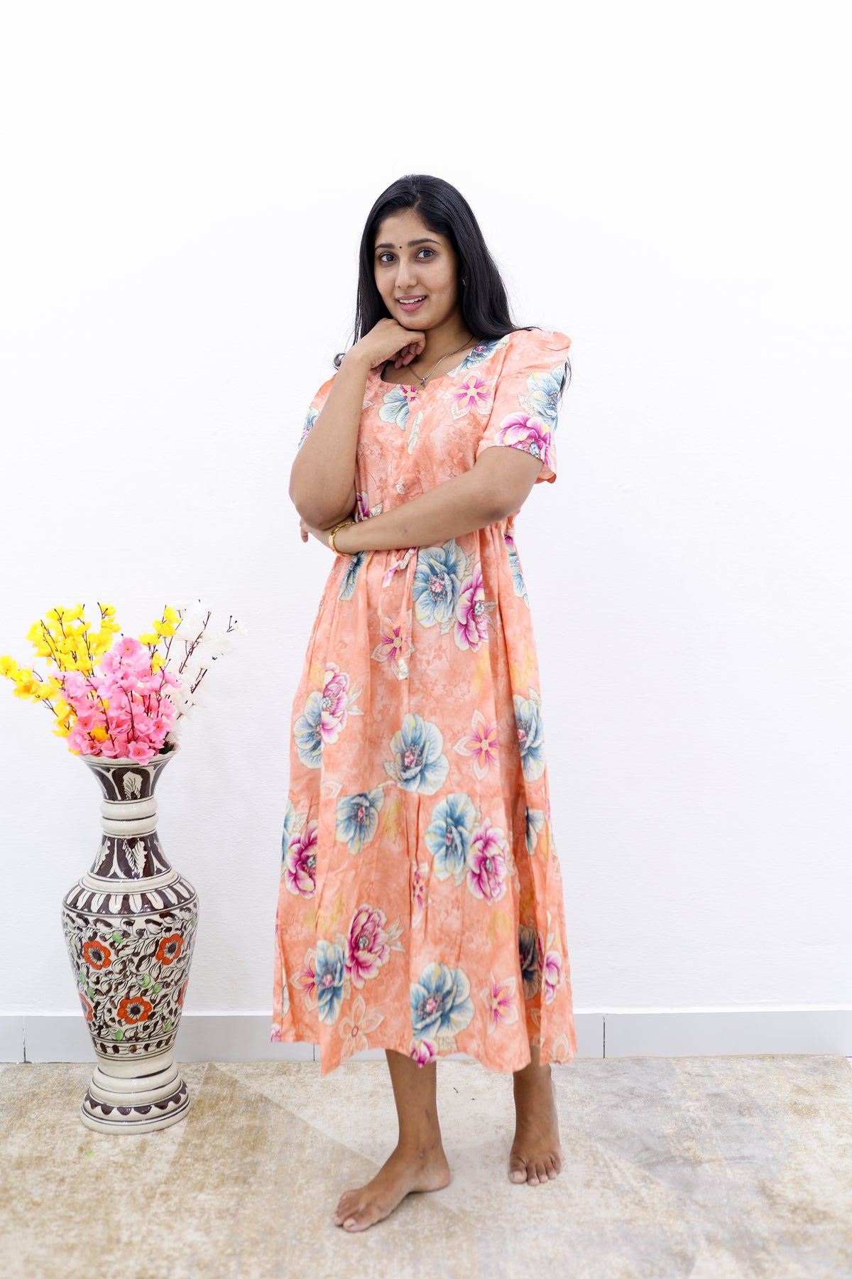 Rayon Colourful Foil Printing Gathering Frock Model Nighties | Side Pocket and Gathering Front Rope | Fancy Puff Sleeve & Maxi Frock Nightwear for Stylish Women's (FGF)