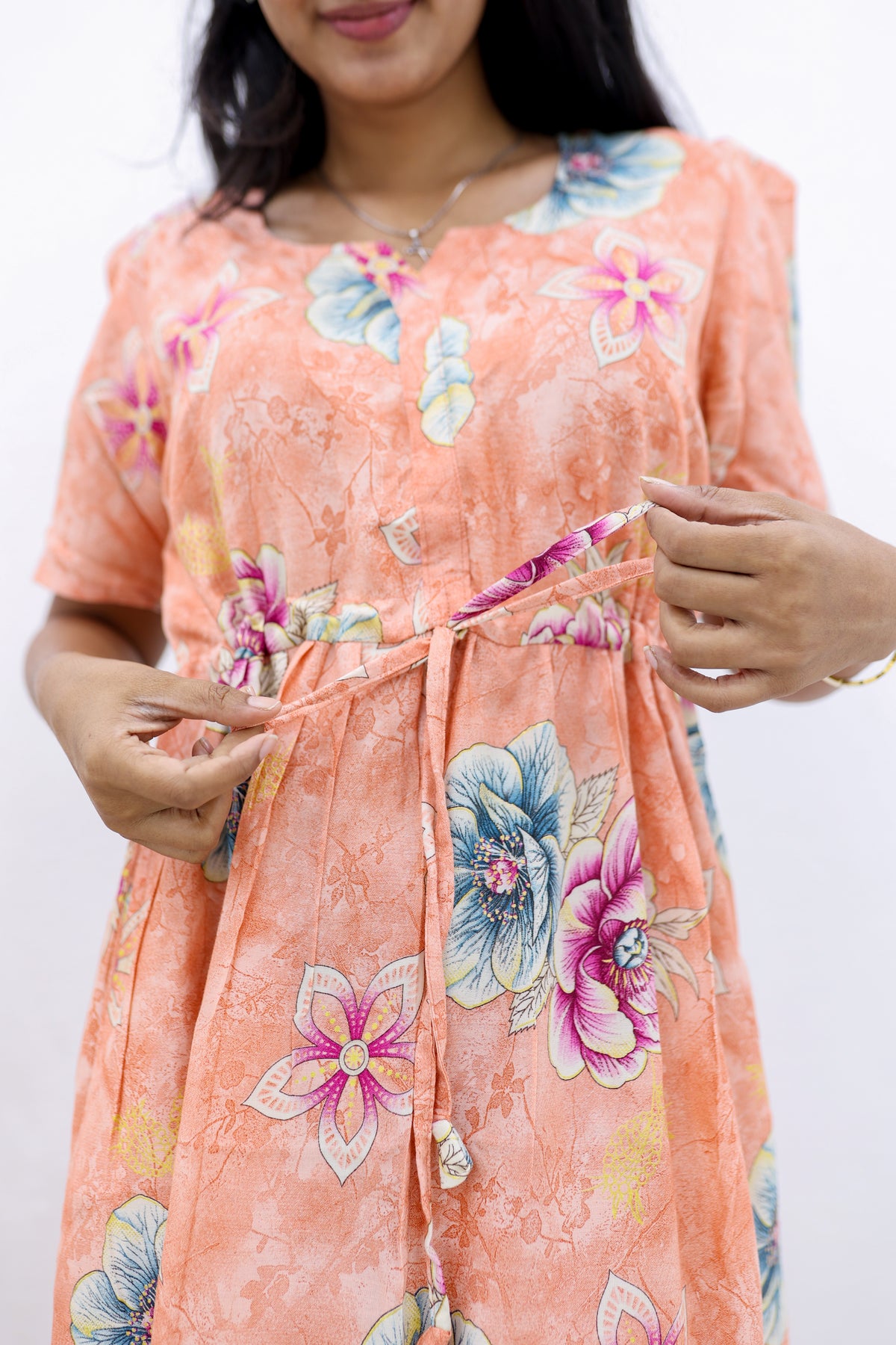 Rayon Colourful Foil Printing Gathering Frock Model Nighties | Side Pocket and Gathering Front Rope | Fancy Puff Sleeve & Maxi Frock Nightwear for Stylish Women's (FGF)