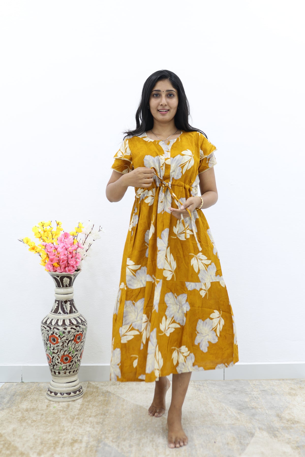 Rayon Colourful Foil Printing Gathering Frock Model Nighties | Side Pocket and Gathering Front Rope | Fancy Double Layer Sleeve & Maxi Frock Nightwear for Stylish Women's (FGF)