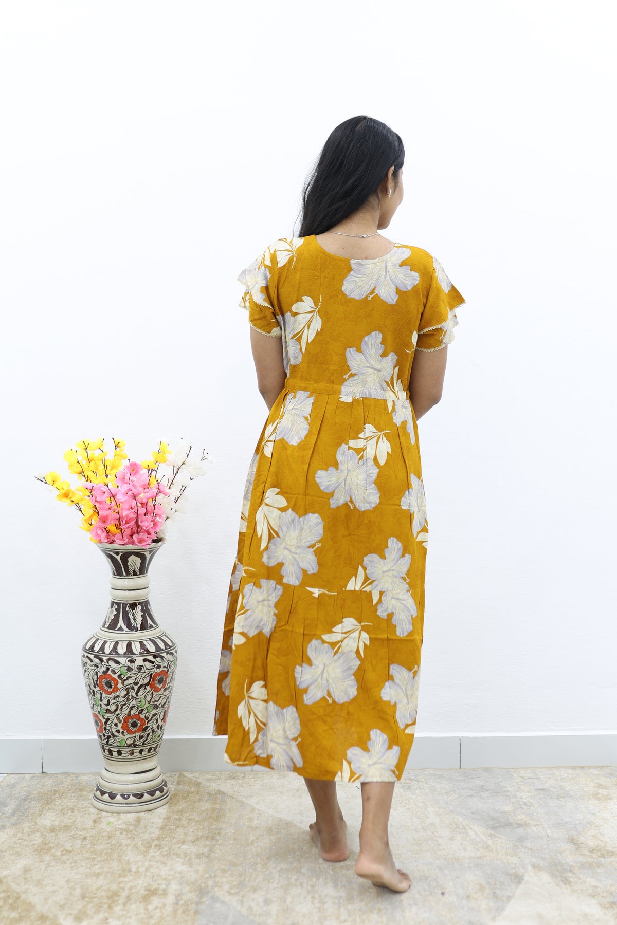 Rayon Colourful Foil Printing Gathering Frock Model Nighties | Side Pocket and Gathering Front Rope | Fancy Double Layer Sleeve & Maxi Frock Nightwear for Stylish Women's (FGF)