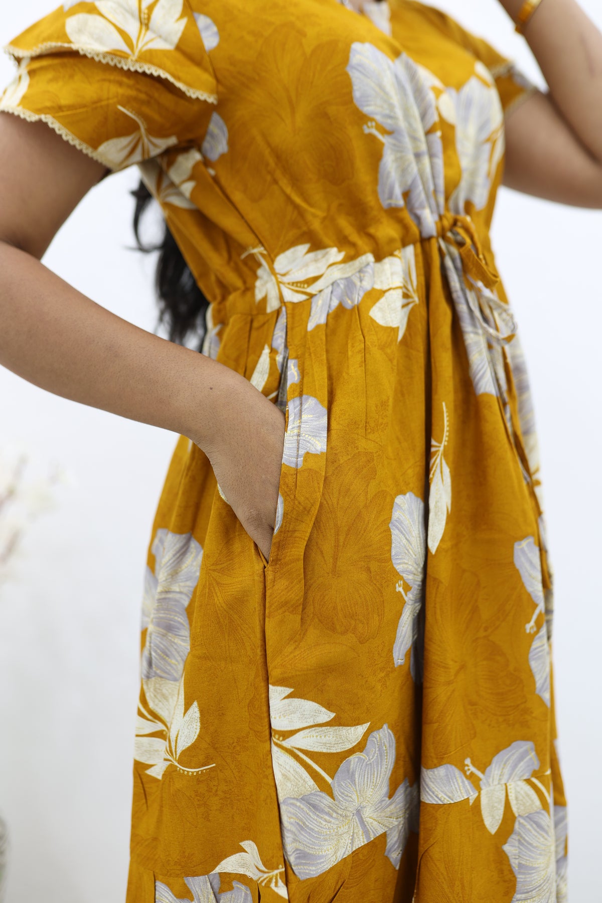 Rayon Colourful Foil Printing Gathering Frock Model Nighties | Side Pocket and Gathering Front Rope | Fancy Double Layer Sleeve & Maxi Frock Nightwear for Stylish Women's (FGF)