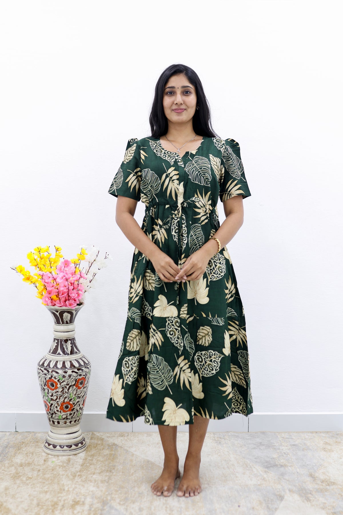 Rayon Colourful Foil Printing Gathering Frock Model Nighties | Side Pocket and Gathering Front Rope | Fancy Puff Sleeve & Maxi Frock Nightwear for Stylish Women's (FGF)