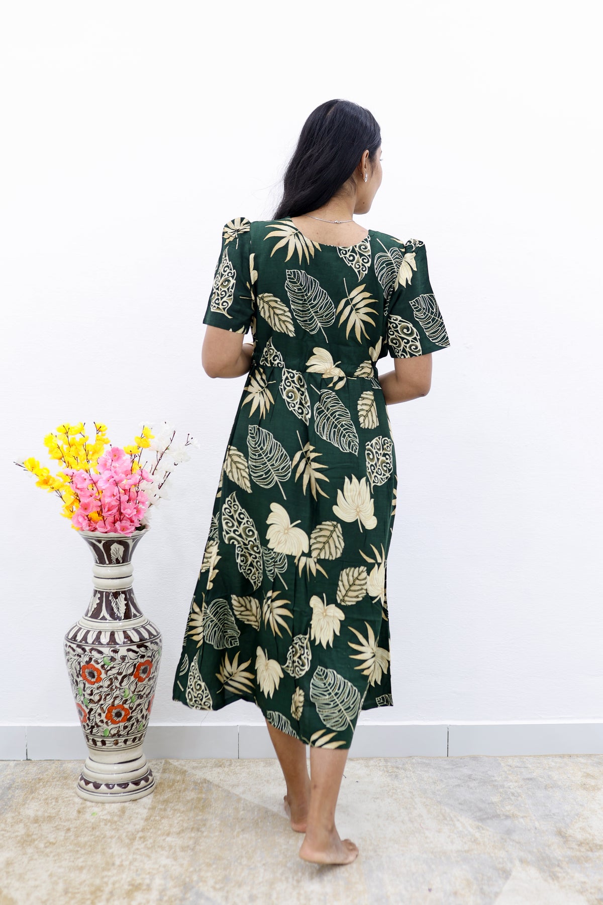 Rayon Colourful Foil Printing Gathering Frock Model Nighties | Side Pocket and Gathering Front Rope | Fancy Puff Sleeve & Maxi Frock Nightwear for Stylish Women's (FGF)