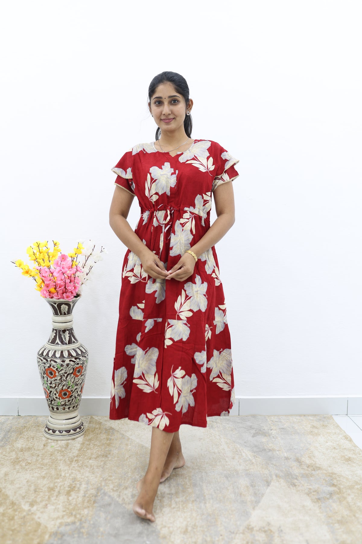 Rayon Colourful Foil Printing Gathering Frock Model Nighties | Side Pocket and Gathering Front Rope | Fancy Double Layer Sleeve & Maxi Frock Nightwear for Stylish Women's (FGF)