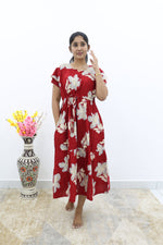 Rayon Colourful Foil Printing Gathering Frock Model Nighties | Side Pocket and Gathering Front Rope | Fancy Double Layer Sleeve & Maxi Frock Nightwear for Stylish Women's (FGF)