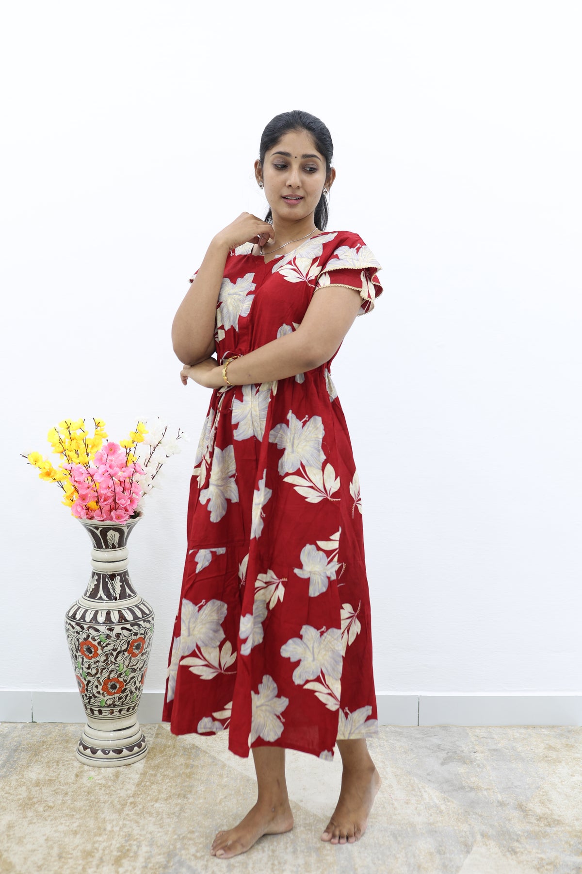 Rayon Colourful Foil Printing Gathering Frock Model Nighties | Side Pocket and Gathering Front Rope | Fancy Double Layer Sleeve & Maxi Frock Nightwear for Stylish Women's (FGF)