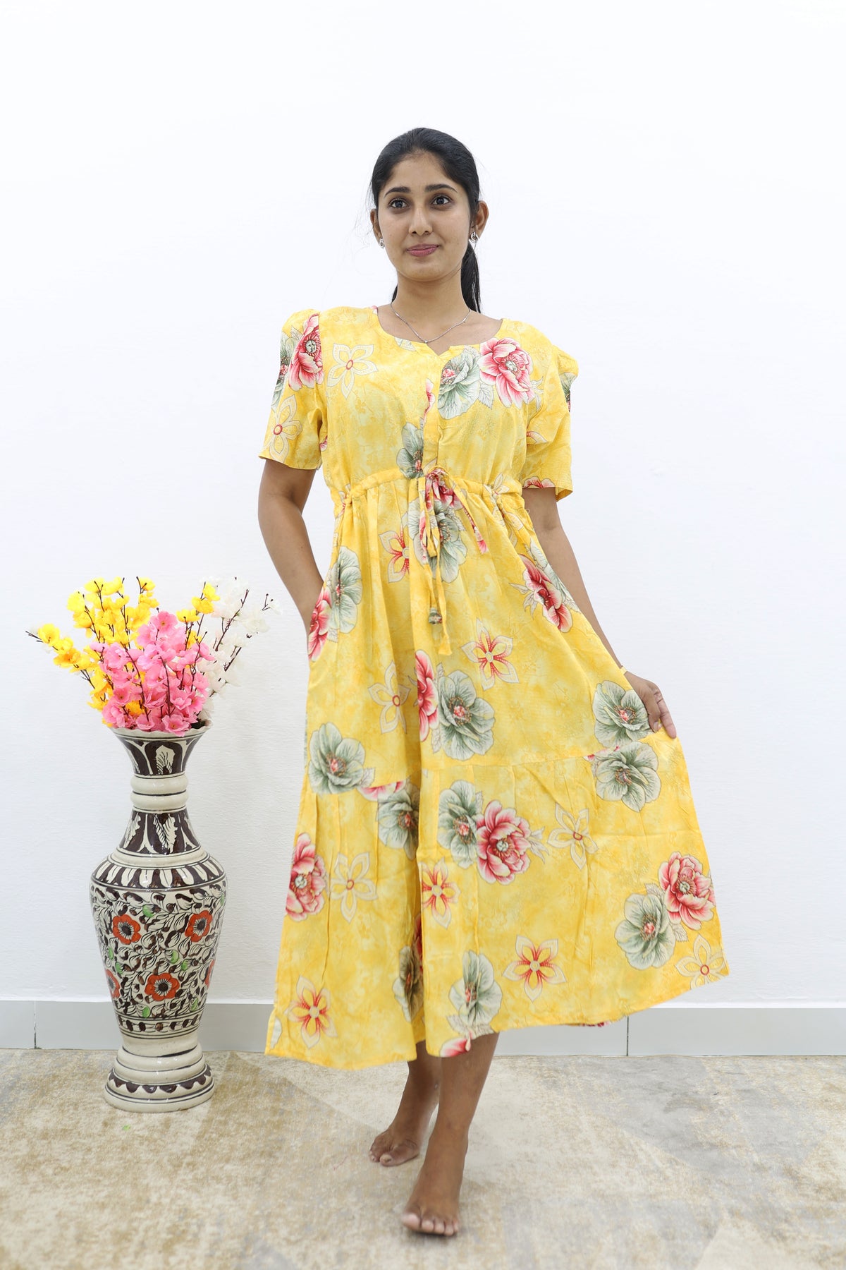 Rayon Colourful Foil Printing Gathering Frock Model Nighties | Side Pocket and Gathering Front Rope | Fancy Puff Sleeve & Maxi Frock Nightwear for Stylish Women's (FGF)