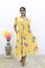 Rayon Colourful Foil Printing Gathering Frock Model Nighties | Side Pocket and Gathering Front Rope | Fancy Puff Sleeve & Maxi Frock Nightwear for Stylish Women's (FGF)