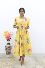 Rayon Colourful Foil Printing Gathering Frock Model Nighties | Side Pocket and Gathering Front Rope | Fancy Puff Sleeve & Maxi Frock Nightwear for Stylish Women's (FGF)