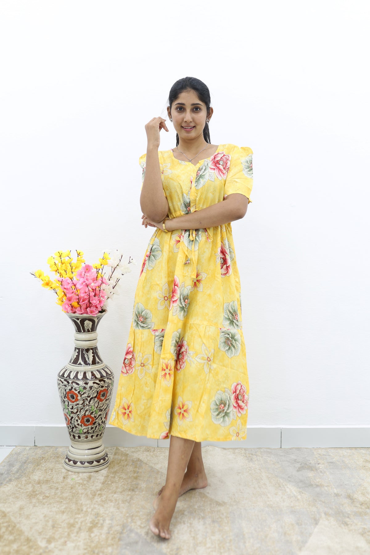 Rayon Colourful Foil Printing Gathering Frock Model Nighties | Side Pocket and Gathering Front Rope | Fancy Puff Sleeve & Maxi Frock Nightwear for Stylish Women's (FGF)