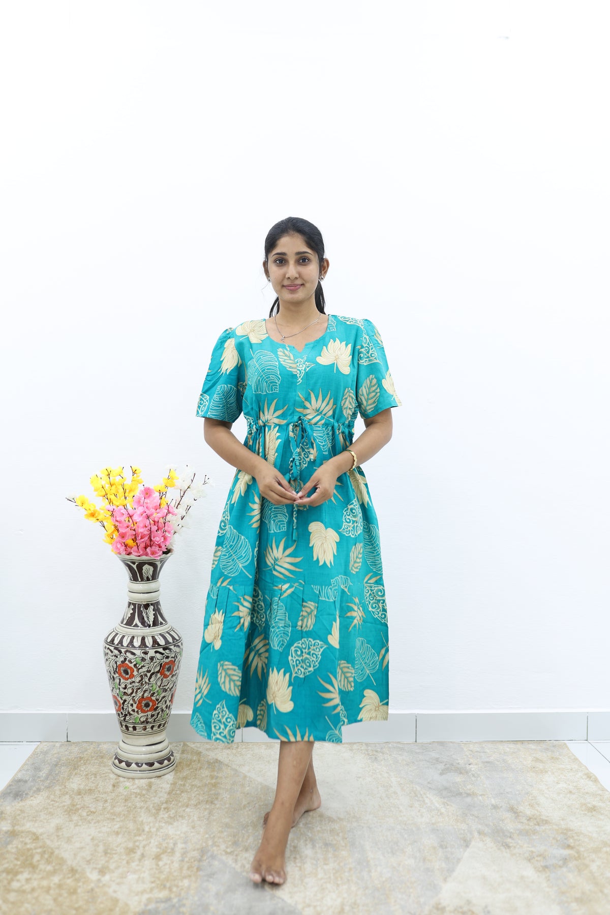 Rayon Colourful Foil Printing Gathering Frock Model Nighties | Side Pocket and Gathering Front Rope | Fancy Puff Sleeve & Maxi Frock Nightwear for Stylish Women's (FGF)