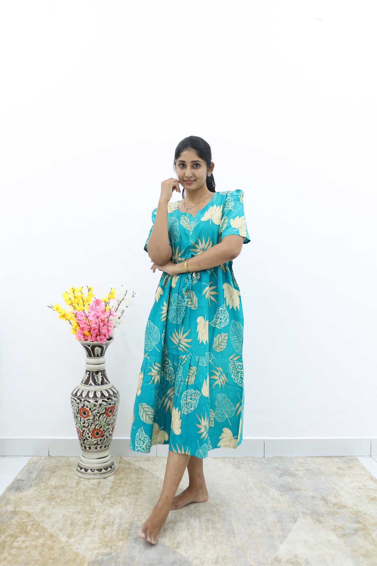 Rayon Colourful Foil Printing Gathering Frock Model Nighties | Side Pocket and Gathering Front Rope | Fancy Puff Sleeve & Maxi Frock Nightwear for Stylish Women's (FGF)