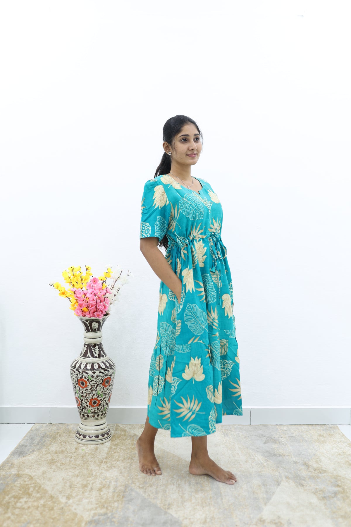 Rayon Colourful Foil Printing Gathering Frock Model Nighties | Side Pocket and Gathering Front Rope | Fancy Puff Sleeve & Maxi Frock Nightwear for Stylish Women's (FGF)