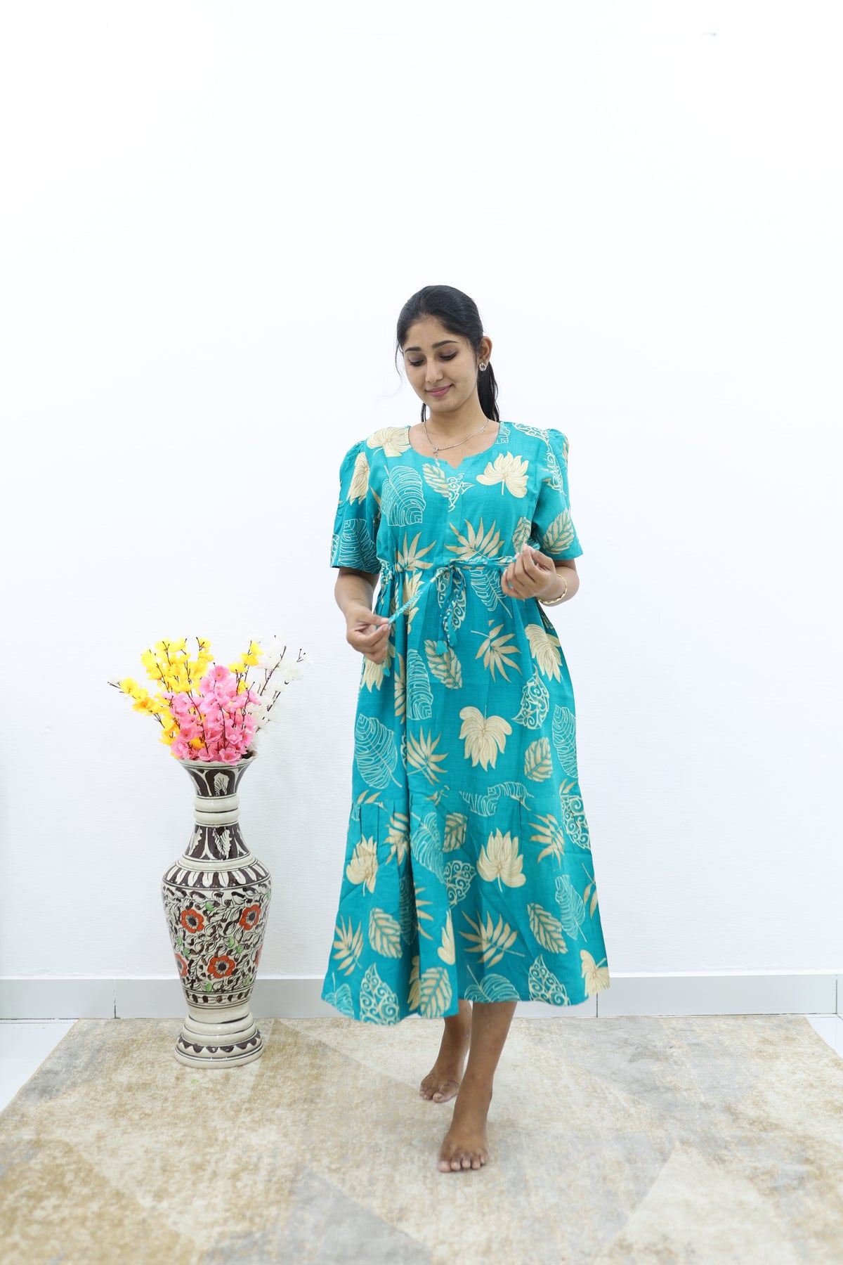 Rayon Colourful Foil Printing Gathering Frock Model Nighties | Side Pocket and Gathering Front Rope | Fancy Puff Sleeve & Maxi Frock Nightwear for Stylish Women's (FGF)