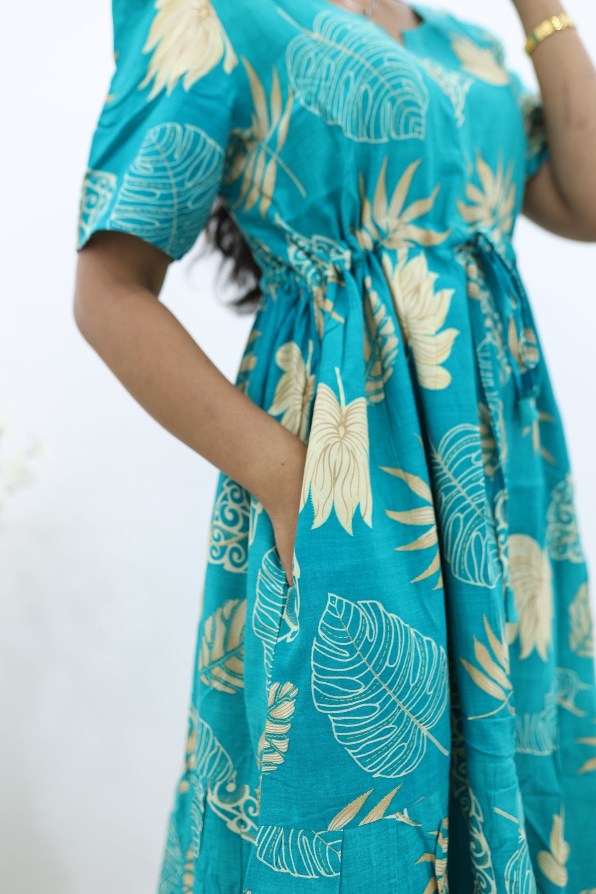 Rayon Colourful Foil Printing Gathering Frock Model Nighties | Side Pocket and Gathering Front Rope | Fancy Puff Sleeve & Maxi Frock Nightwear for Stylish Women's (FGF)