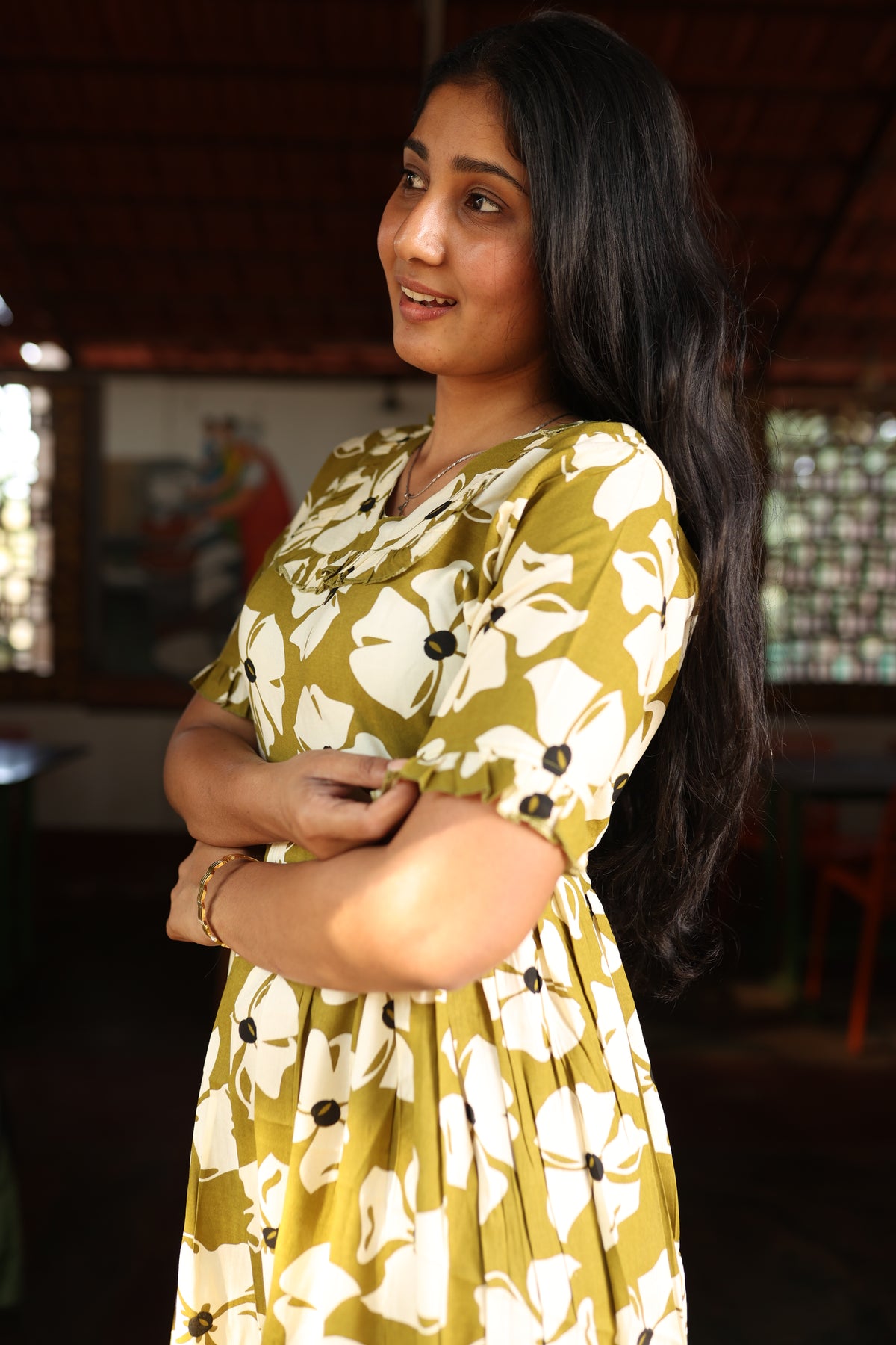 MANGAI New Stylish Rayon Maxi Frock for Women | Frilled Half Sleeves & Front Patch Frill Neck | Adjustable Back Tie-Up | Side Pocket Comfort Nightwear (RGM)