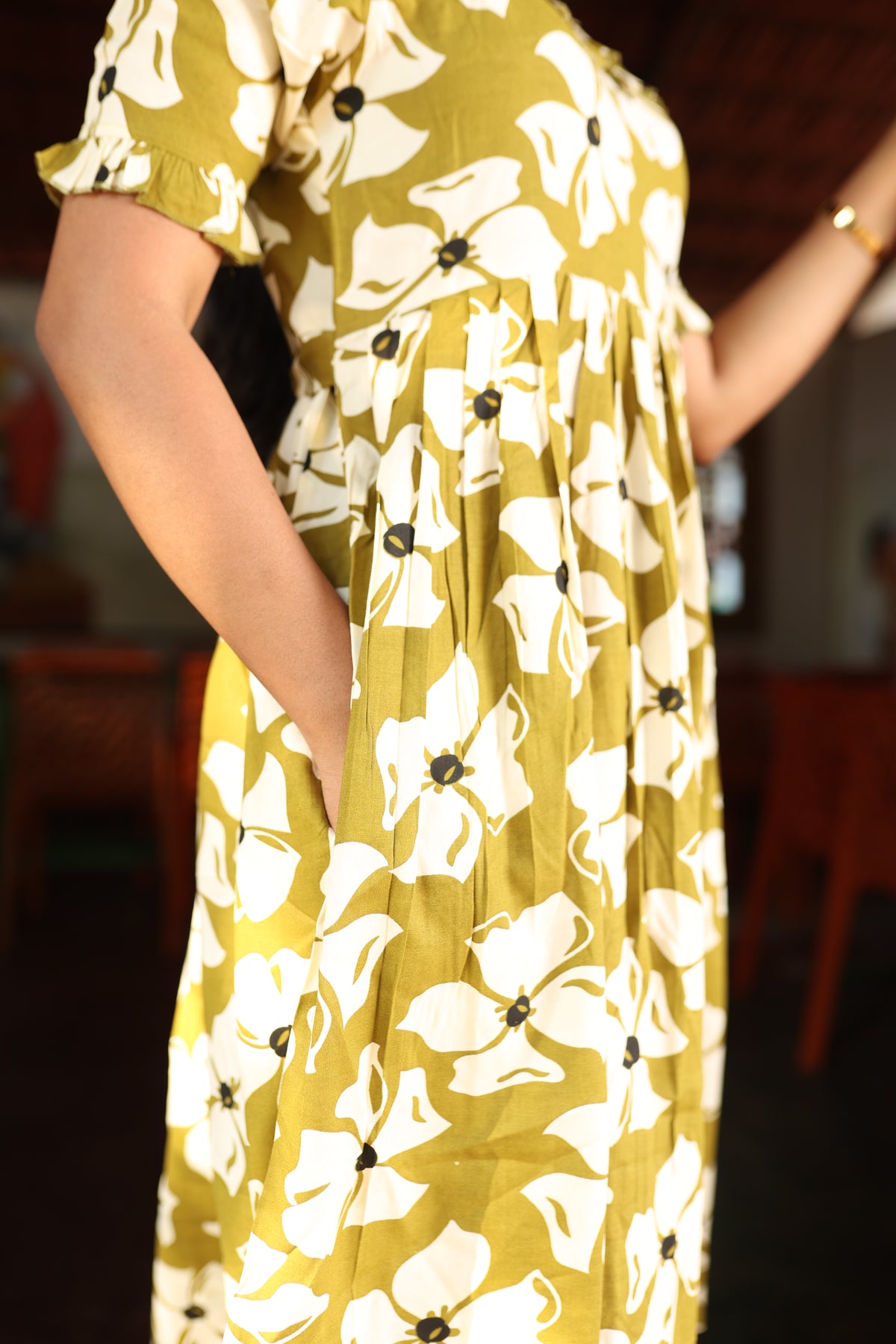 MANGAI New Stylish Rayon Maxi Frock for Women | Frilled Half Sleeves & Front Patch Frill Neck | Adjustable Back Tie-Up | Side Pocket Comfort Nightwear (RGM)