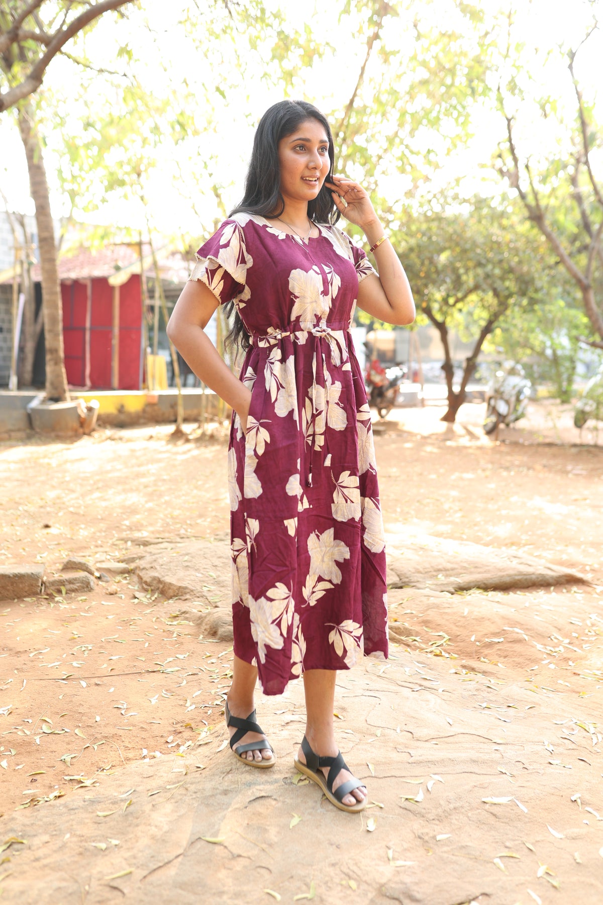 Rayon Colourful Foil Printing Gathering Frock Model Nighties | Side Pocket and Gathering Front Rope | Fancy Double Layer Sleeve & Maxi Frock Nightwear for Stylish Women's (FGF)