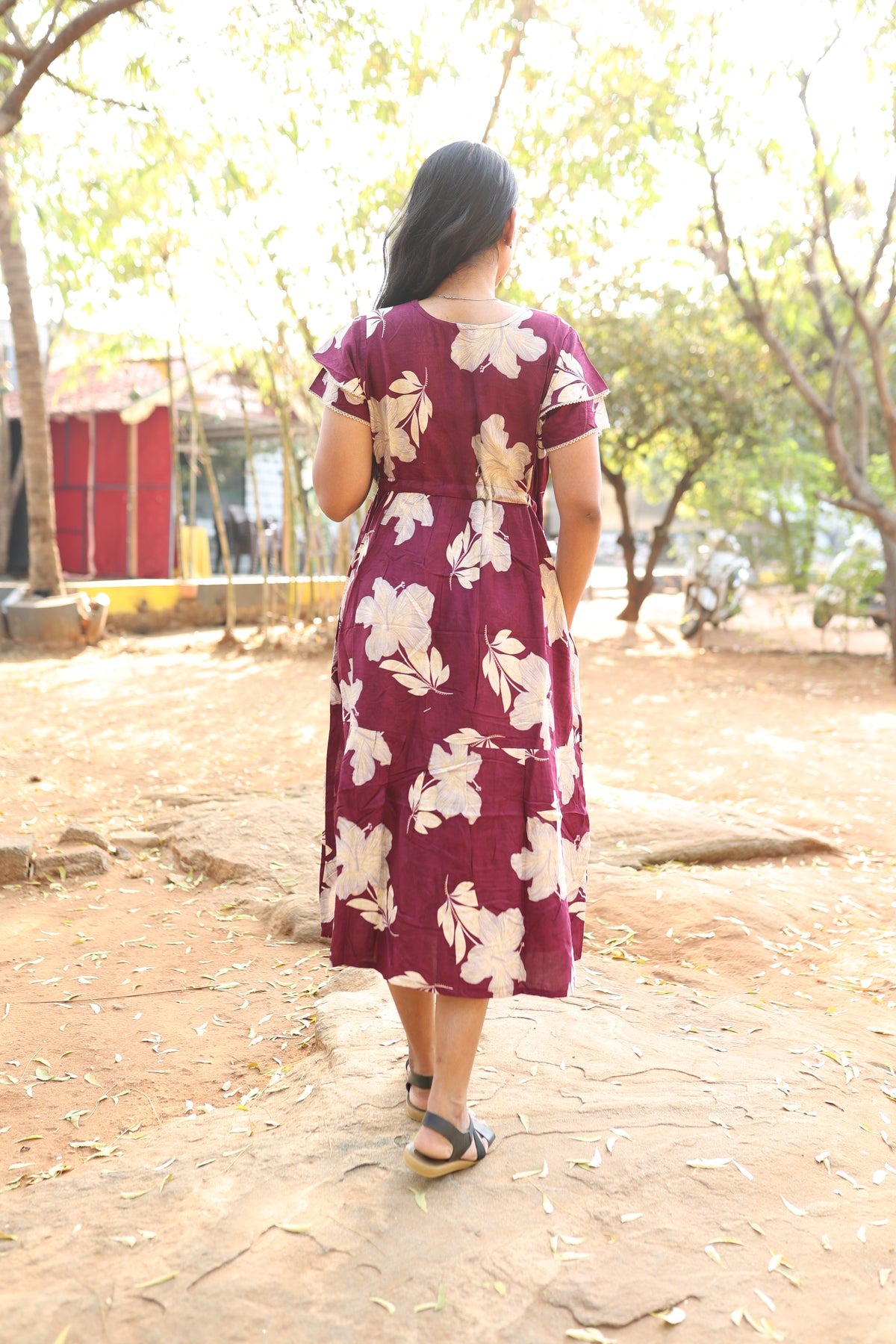 Rayon Colourful Foil Printing Gathering Frock Model Nighties | Side Pocket and Gathering Front Rope | Fancy Double Layer Sleeve & Maxi Frock Nightwear for Stylish Women's (FGF)