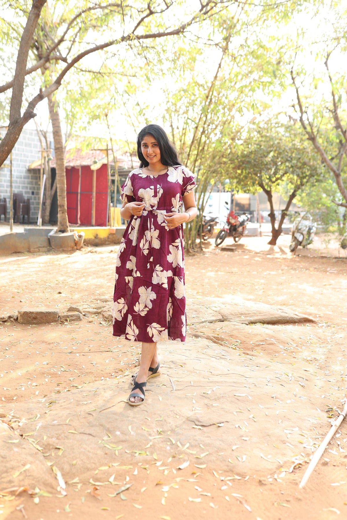 Rayon Colourful Foil Printing Gathering Frock Model Nighties | Side Pocket and Gathering Front Rope | Fancy Double Layer Sleeve & Maxi Frock Nightwear for Stylish Women's (FGF)