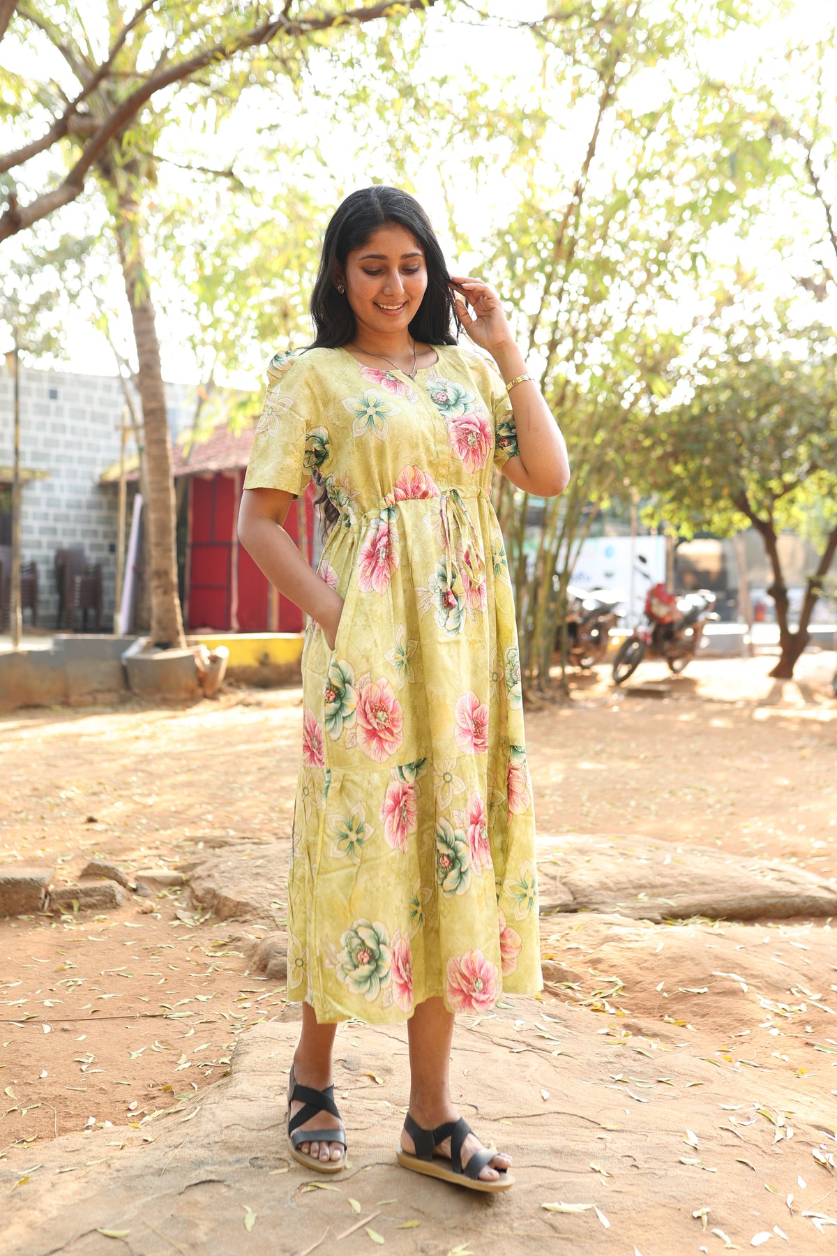 Rayon Colourful Foil Printing Gathering Frock Model Nighties | Side Pocket and Gathering Front Rope | Fancy Puff Sleeve & Maxi Frock Nightwear for Stylish Women's (FGF)