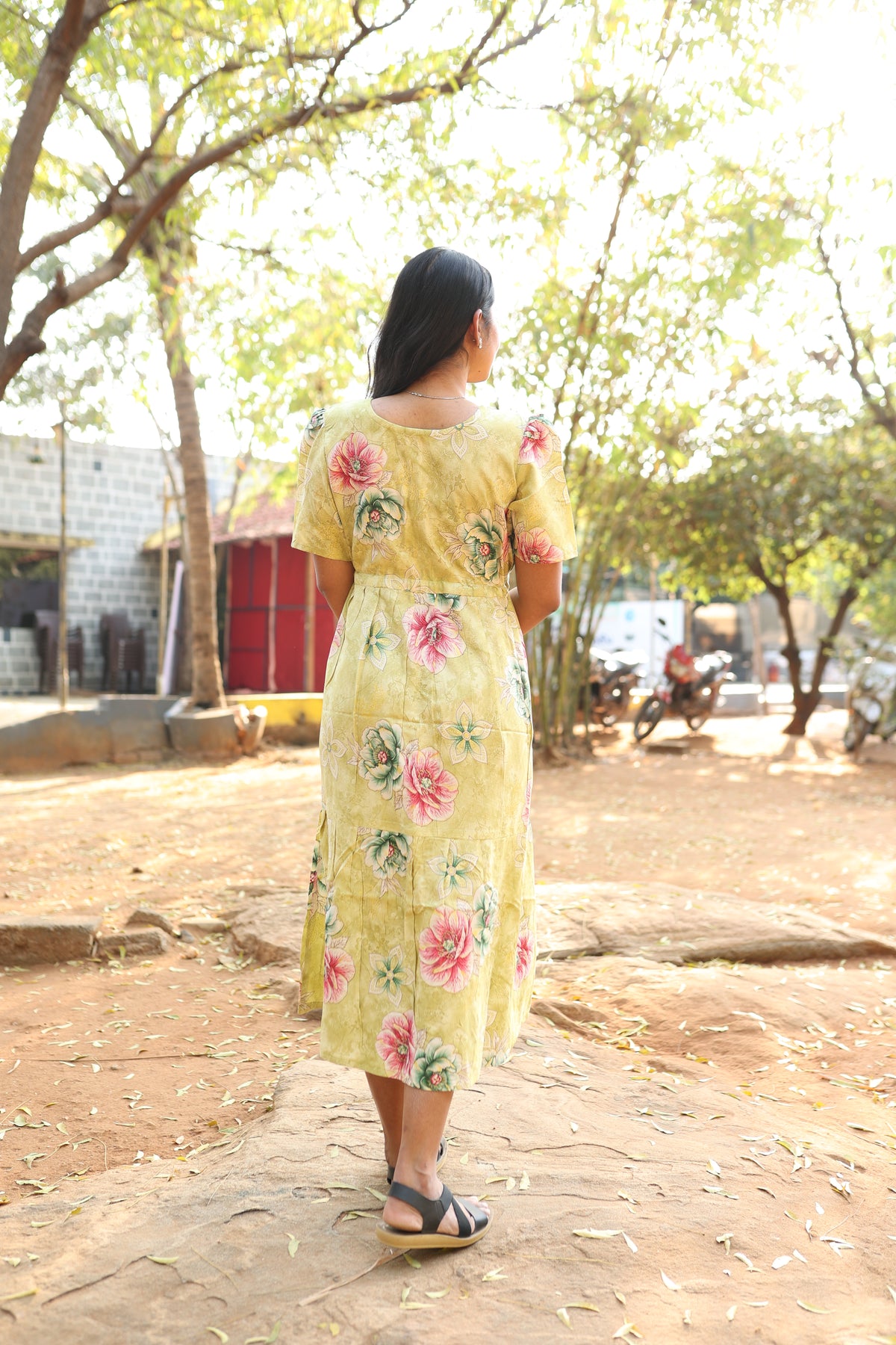 Rayon Colourful Foil Printing Gathering Frock Model Nighties | Side Pocket and Gathering Front Rope | Fancy Puff Sleeve & Maxi Frock Nightwear for Stylish Women's (FGF)