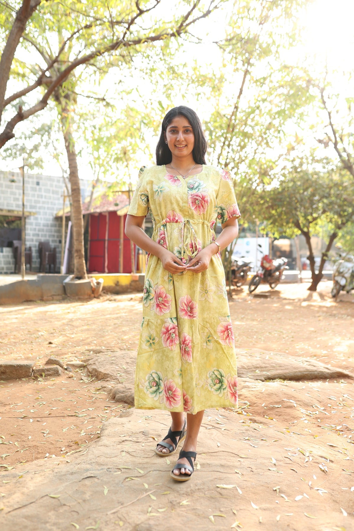 Rayon Colourful Foil Printing Gathering Frock Model Nighties | Side Pocket and Gathering Front Rope | Fancy Puff Sleeve & Maxi Frock Nightwear for Stylish Women's (FGF)