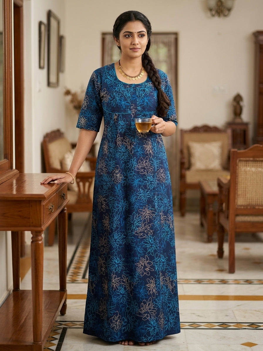 MANGAI Cotton Printed Pleated Model Half Sleeve 5XL Size Nighties withFancy Neck | With Side Pocket (5PZ)