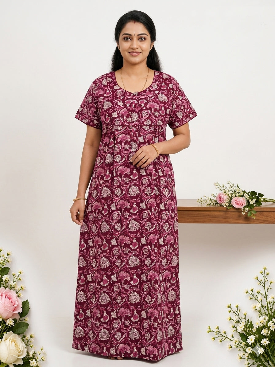 MANGAI Premium Cotton Printed Pleated Model Half Sleeve 3XL Size Nighties With Fancy Neck | With Side Pocket (3PZ)