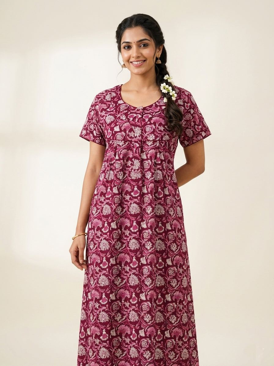 MANGAI Premium Cotton Printed Pleated Model Half Sleeve 3XL Size Nighties With Fancy Neck | With Side Pocket (3PZ)