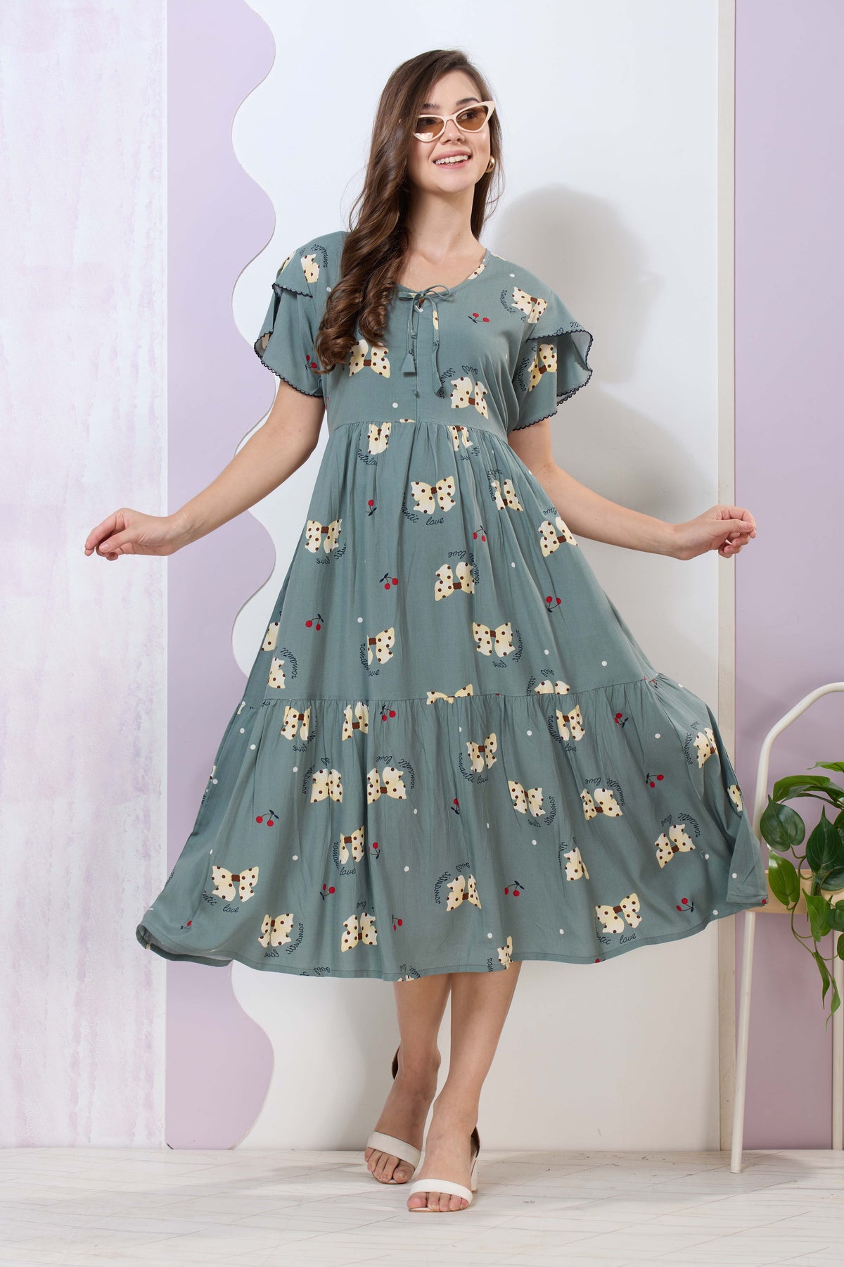 Imported Rayon MAXI FROCK Model Nighties | Fancy Petal Sleeve | Fancy Neck & Side Pocket | Pleated Frock MAXI Style | Trendy Collection's for Stylish Women & Teenage Girl (IRM)