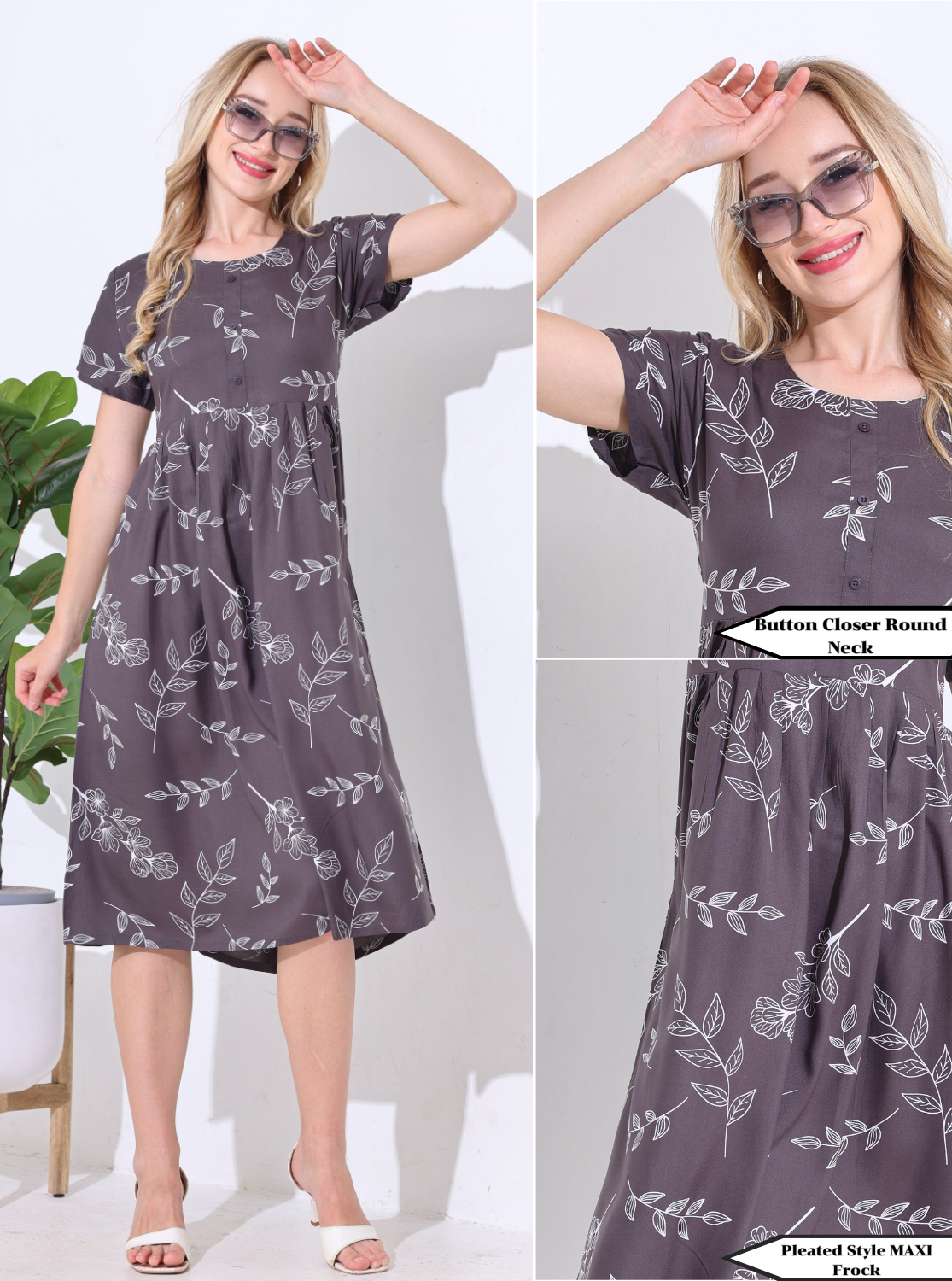 Rayon MAXI FROCK Model Nighties | Regular Sleeve's | Round Neck & Side Pocket | Pleated Frock MAXI Style | Trendy Collection's for Stylish Women's & Teenage Girl's (FRK-H)