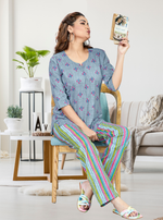 MANGAI Premium Cotton Printed Cambric Night Suits | Stylish Print's All Over | Top & Bottom Set | 3/4 Sleeve | Trendy Night Suits for Stylish Women's (CMNS)