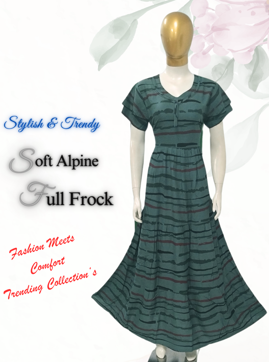 Fresh Arrivals MANGAI Alpine FULL FROCK Model Nighties | Beautiful Stylish Frock Style | Stylish Fancy Sleeves | Side Pocket | Perfect Nightwear Trendy Women's (FRK)