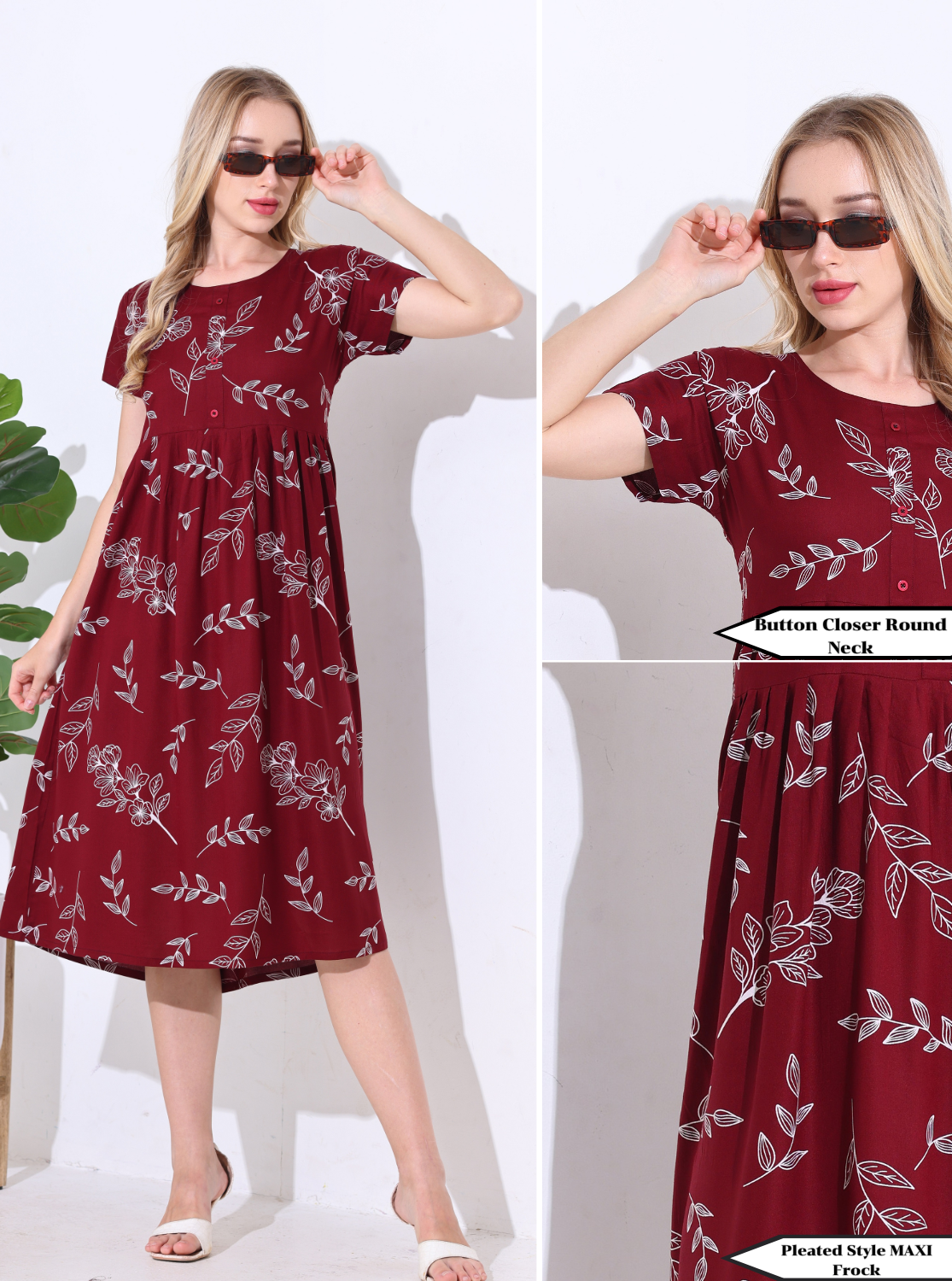 Rayon MAXI FROCK Model Nighties | Regular Sleeve's | Round Neck & Side Pocket | Pleated Frock MAXI Style | Trendy Collection's for Stylish Women's & Teenage Girl's (FRK-H)