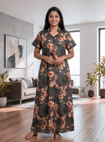 MANGAI Floral Printed Cotton Nighty for Women | Collar Model Full Length Nightwear with Front Zip & Pocket | Soft Daily Wear (ATR)