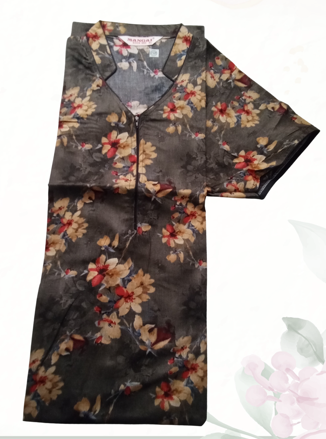 MANGAI Floral Printed Cotton Nighty for Women | Collar Model Full Length Nightwear with Front Zip & Pocket | Soft Daily Wear (ATR)
