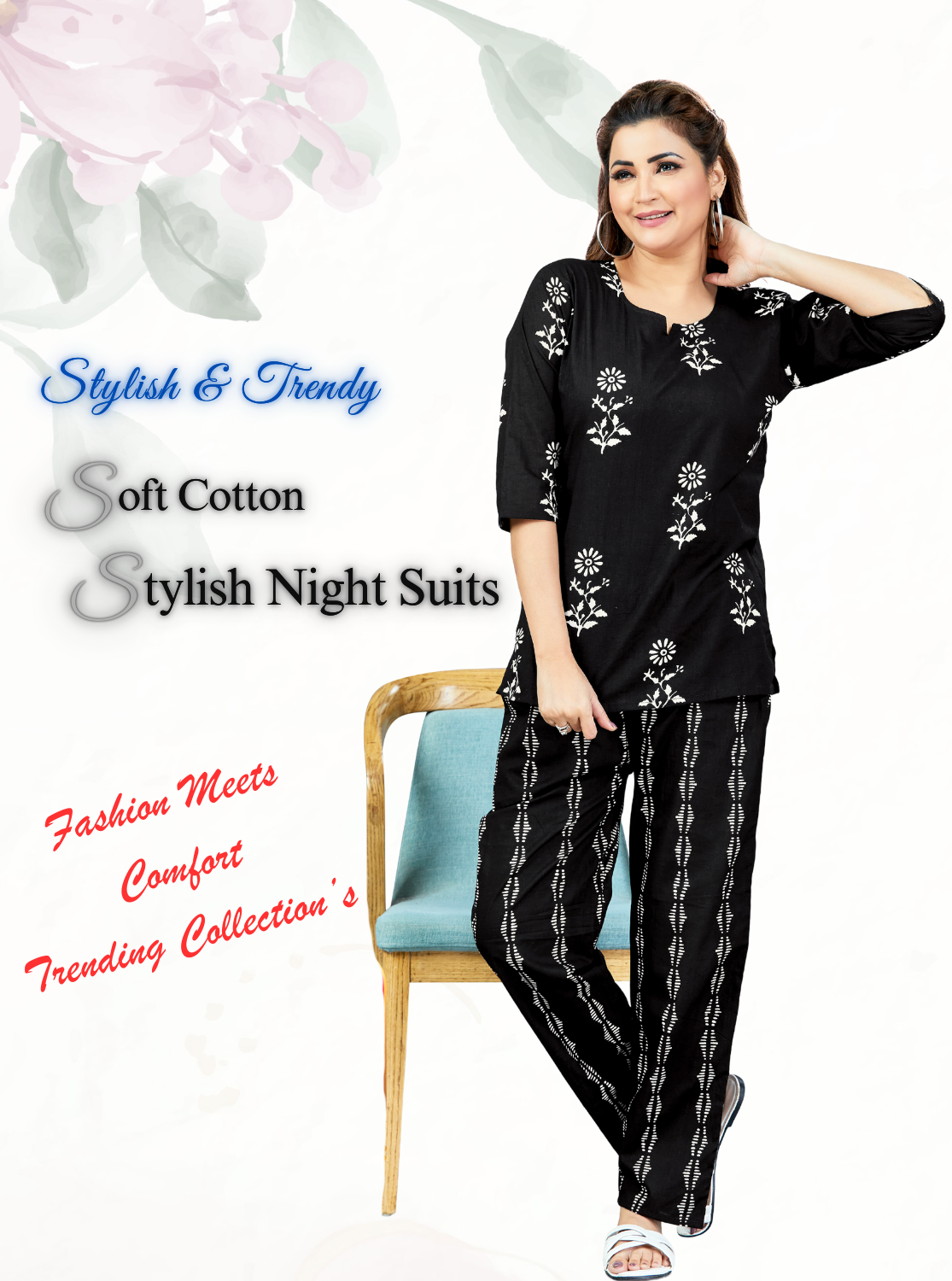 MANGAI Premium Cotton Printed Cambric Night Suits | Stylish Print's All Over | Top & Bottom Set | 3/4 Sleeve | Trendy Night Suits for Stylish Women's (CMNS)