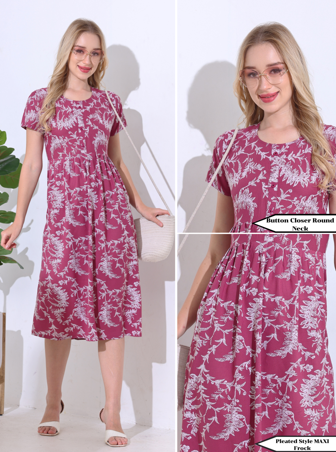 Rayon MAXI FROCK Model Nighties | Regular Sleeve's | Round Neck & Side Pocket | Pleated Frock MAXI Style | Trendy Collection's for Stylish Women's & Teenage Girl's (FRK-H)