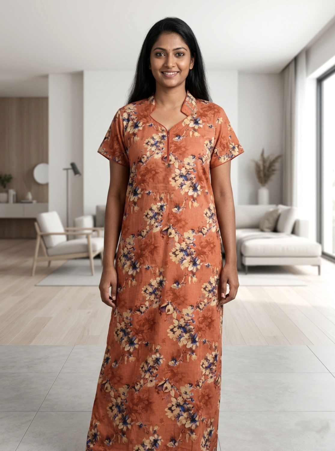 MANGAI Floral Printed Cotton Nighty for Women | Collar Model Full Length Nightwear with Front Zip & Pocket | Soft Daily Wear (ATR)
