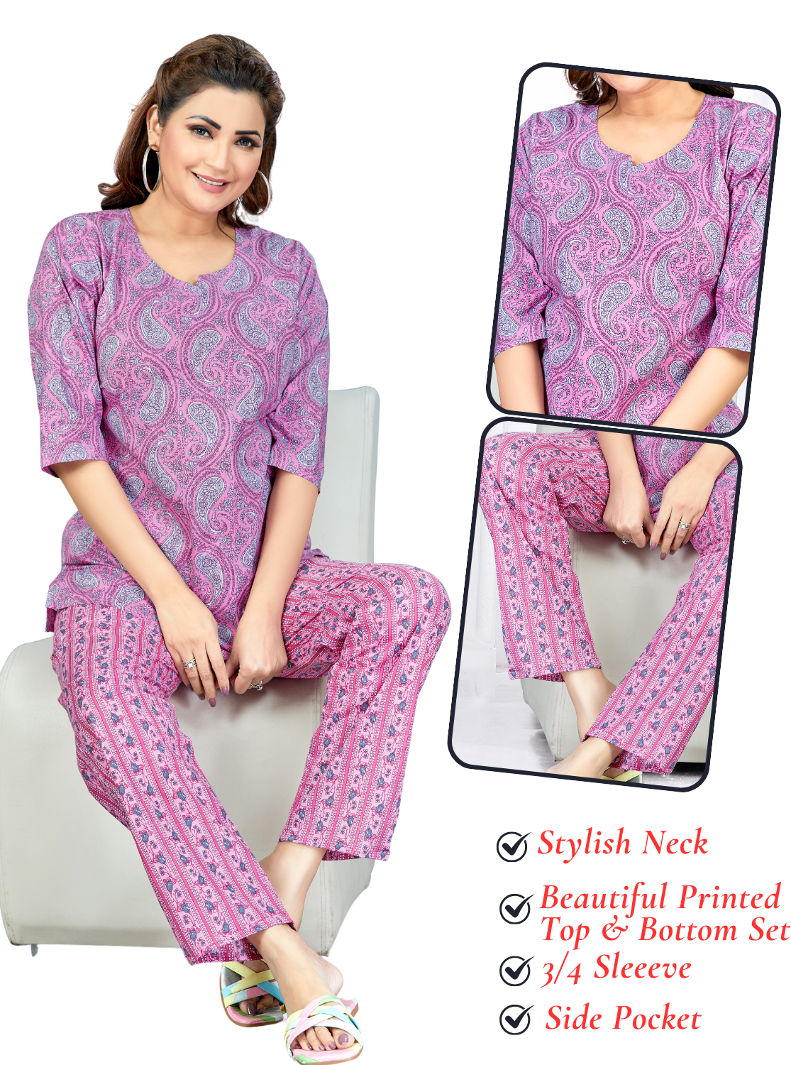 MANGAI Premium Cotton Printed Cambric Night Suits | Stylish Print's All Over | Top & Bottom Set | 3/4 Sleeve | Trendy Night Suits for Stylish Women's (CMNS)